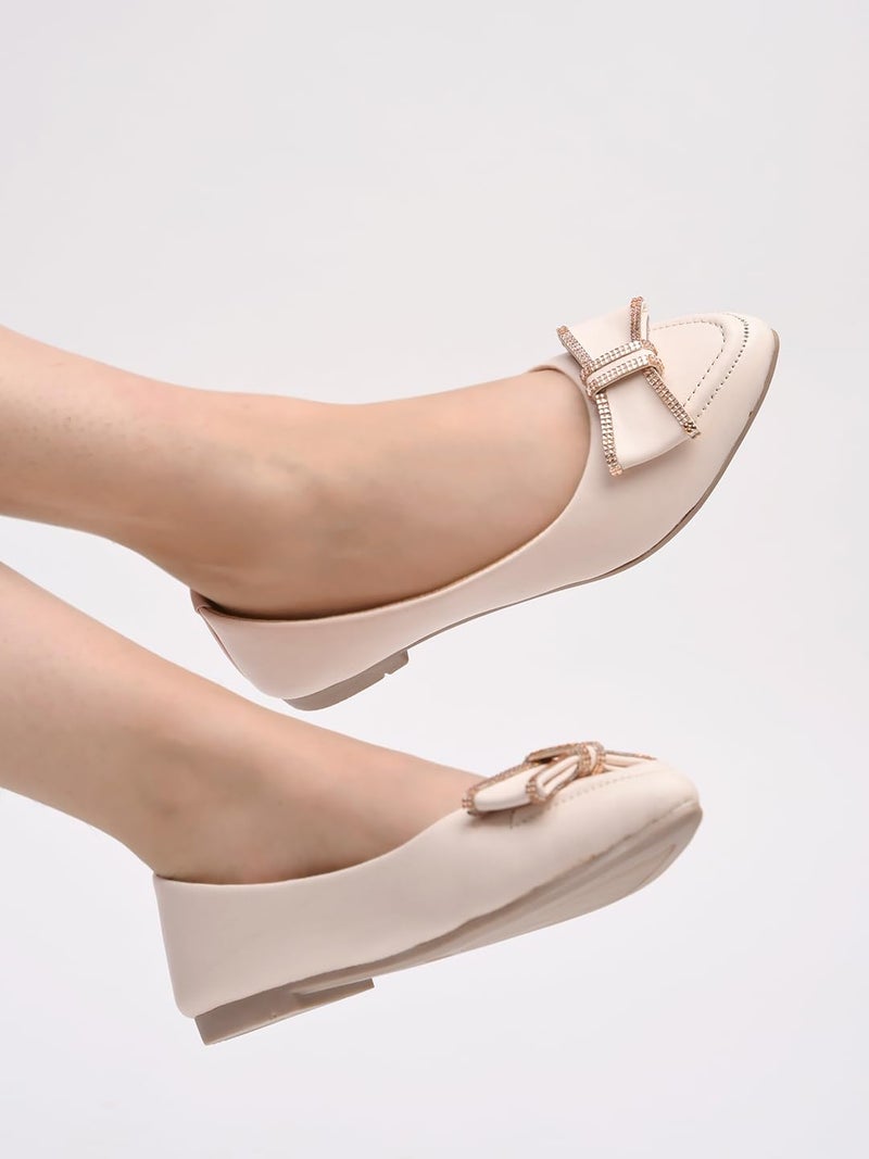 Shoetopia Women’s Cream Ballet Flats – Elegant Slip-On Dress Shoes || Bow & Rhinestone Detailing, Comfortable Cushion Insole EU38 - Image 2
