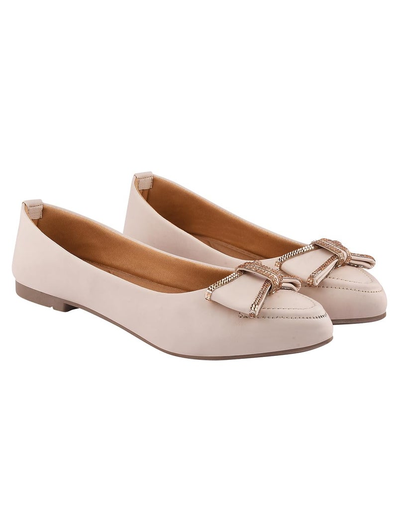 Shoetopia Women’s Cream Ballet Flats – Elegant Slip-On Dress Shoes || Bow & Rhinestone Detailing, Comfortable Cushion Insole EU38 - Image 1
