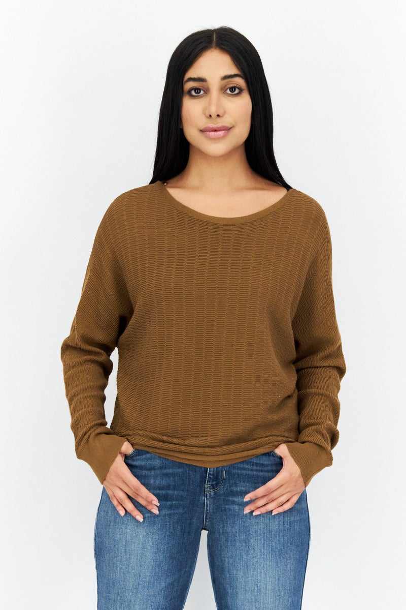 COMMA Women Jewel Neck Textured Long Sleeve Sweater, Brown - Image 1