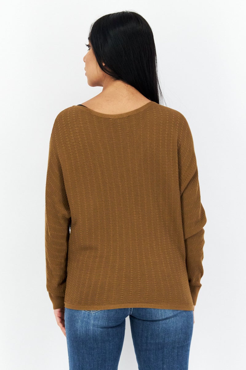 COMMA Women Jewel Neck Textured Long Sleeve Sweater, Brown - Image 4