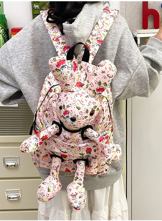 حقيبة ظهر كرتون أرنب بطباعة كرتون ثلاثية الأبعاد، حقيبة قماش لطيفة على شكل أرنب خفيفة الوزن بسعة كبيرة، حقيبة مدرسية كرتونية - Image 1