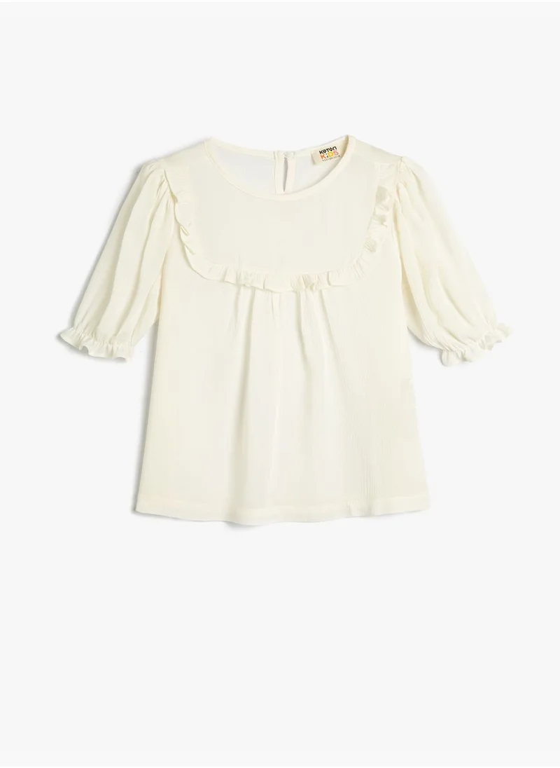 كوتون Blouse Viscose Short Sleeve Ruffle Round Collar