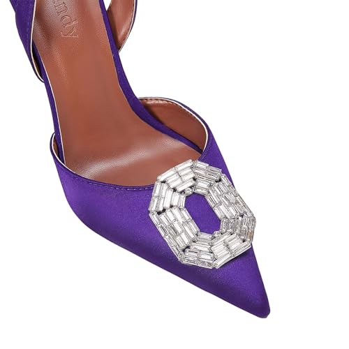 Vertundy Women's Purple Slingback Heels Rhinestone Pumps Pointed Toe Satin Crystal Stiletto High Heeled Sandals Party Wedding Bride Pump Dress Shoes - Image 2