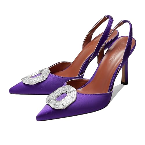 Vertundy Women's Purple Slingback Heels Rhinestone Pumps Pointed Toe Satin Crystal Stiletto High Heeled Sandals Party Wedding Bride Pump Dress Shoes - Image 1