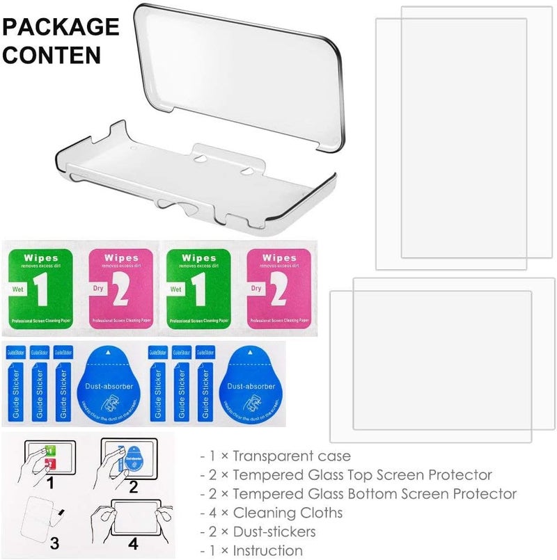 AFUNTA Hard Case Compatible New 2DS XL with 2 Packs Screen Protector, Anti-Scratch Crystal Clear Case, with 4 Pcs Tempered Glass Protective Films for Top and Bottom Screen - Image 3