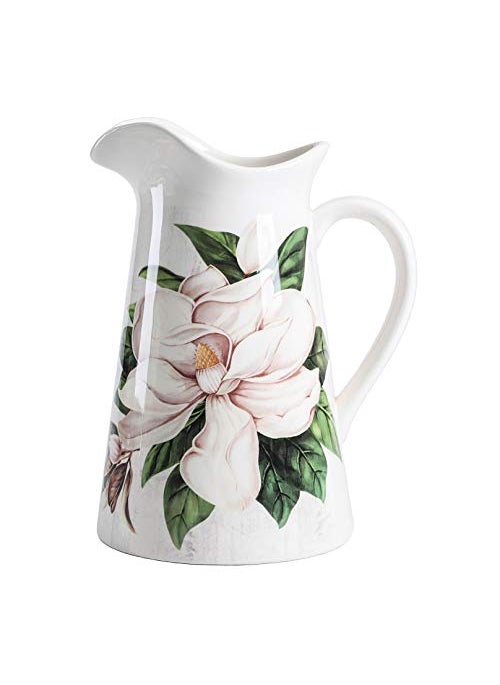Bico Bico Magnolia Floral Ceramic 25 Quarts Pitcher with Handle Decorative Vase for Flower Arrangements Dishwasher Safe 