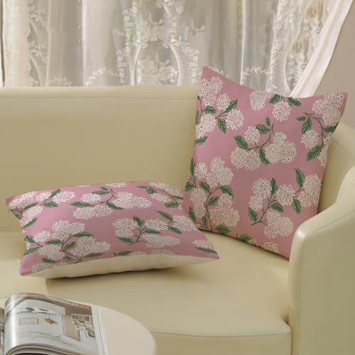 DAFENA Pink Pillow Covers 18x18 Inch 2 Pcs Preppy Pink Green Hydrangea Flower Decor Throw Pillows Vintage Floral Seasonal Spring Summer Outdoor Decoration Pillowcase Linen Cushion Cover for Couch Sofa - Image 4