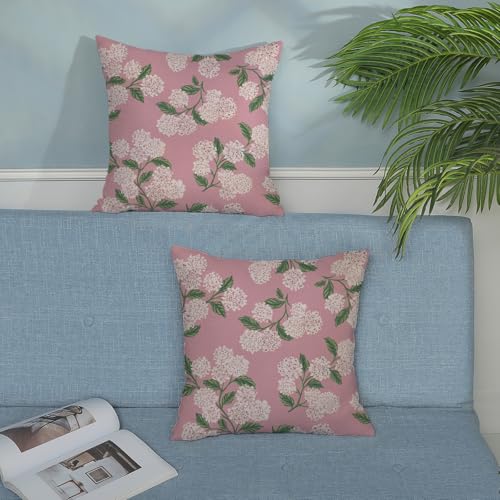 DAFENA Pink Pillow Covers 18x18 Inch 2 Pcs Preppy Pink Green Hydrangea Flower Decor Throw Pillows Vintage Floral Seasonal Spring Summer Outdoor Decoration Pillowcase Linen Cushion Cover for Couch Sofa - Image 3