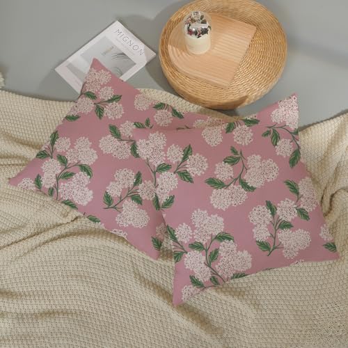 DAFENA Pink Pillow Covers 18x18 Inch 2 Pcs Preppy Pink Green Hydrangea Flower Decor Throw Pillows Vintage Floral Seasonal Spring Summer Outdoor Decoration Pillowcase Linen Cushion Cover for Couch Sofa - Image 5