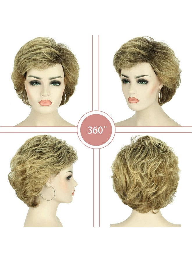 Kalyss Alyss Short Curly Wavy Ombre Blonde Wigs With Hair Bangs Natural Looking Dark Roots Synthetic Full Hair Wig - Image 4