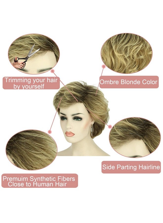 Kalyss Alyss Short Curly Wavy Ombre Blonde Wigs With Hair Bangs Natural Looking Dark Roots Synthetic Full Hair Wig - Image 3