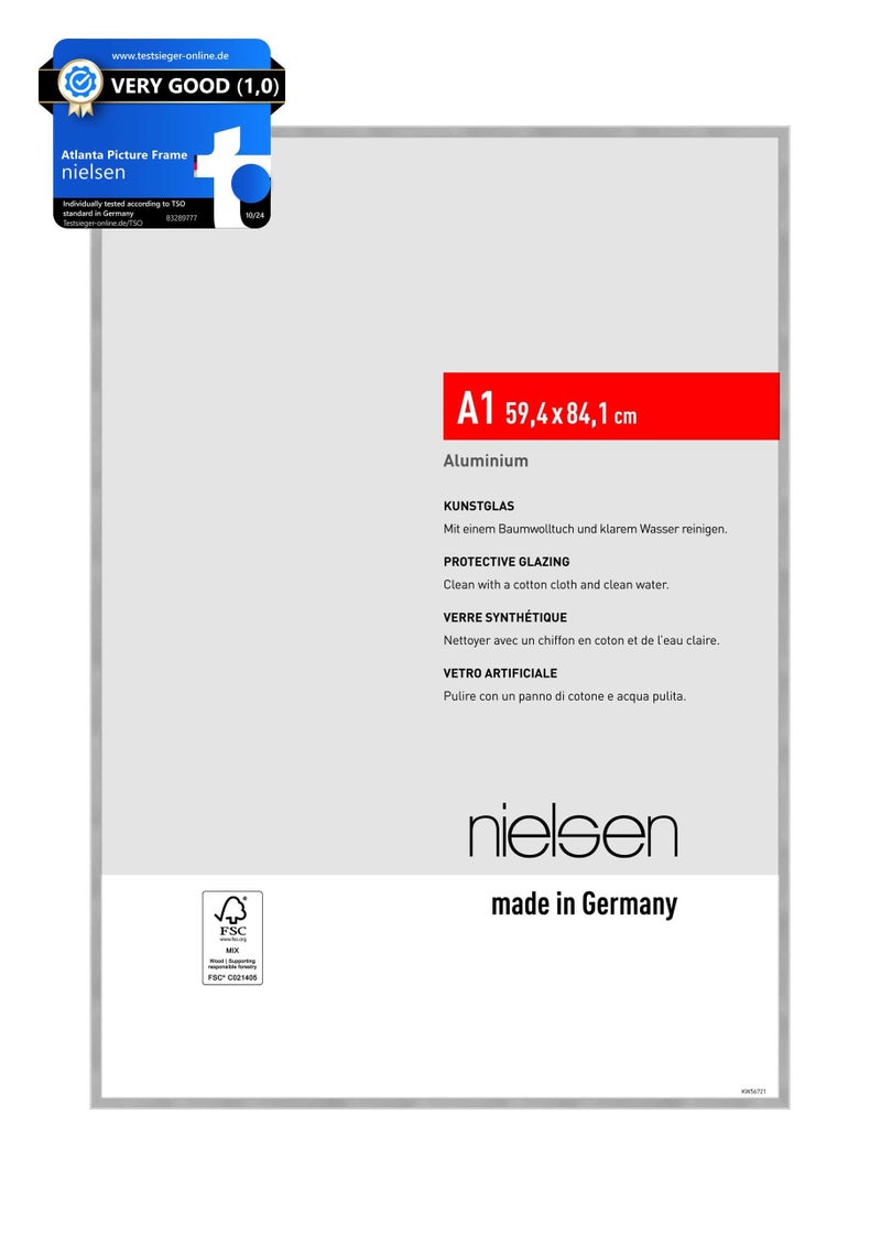 nielsen Atlanta Aluminium Picture Frame Brushed Silver A1 594x841cm with Push and Turn Clips