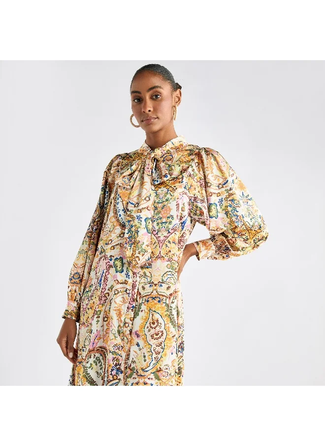 FAV Paisley Print Shirt Dress with Long Sleeves and Neck Tie-Up