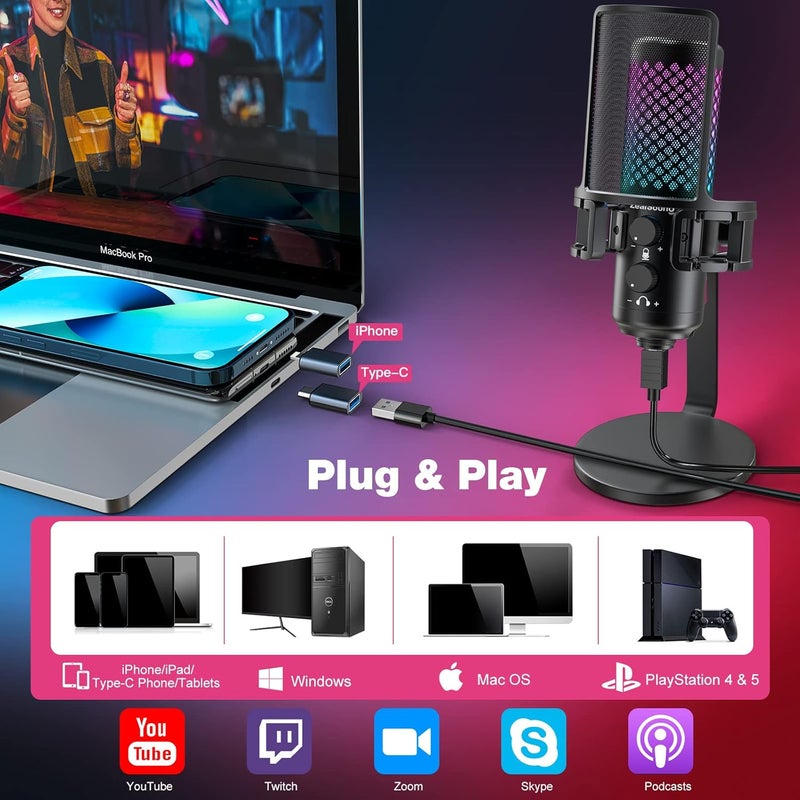 مايكروفون زيل ساوند للألعاب لهاتف آيفون، مايكروفونات USB للكمبيوتر الشخصي مع كتم سريع، مؤشر RGB، مرشح البوب، تحكم في الكسب لبث البودكاست - Image 2