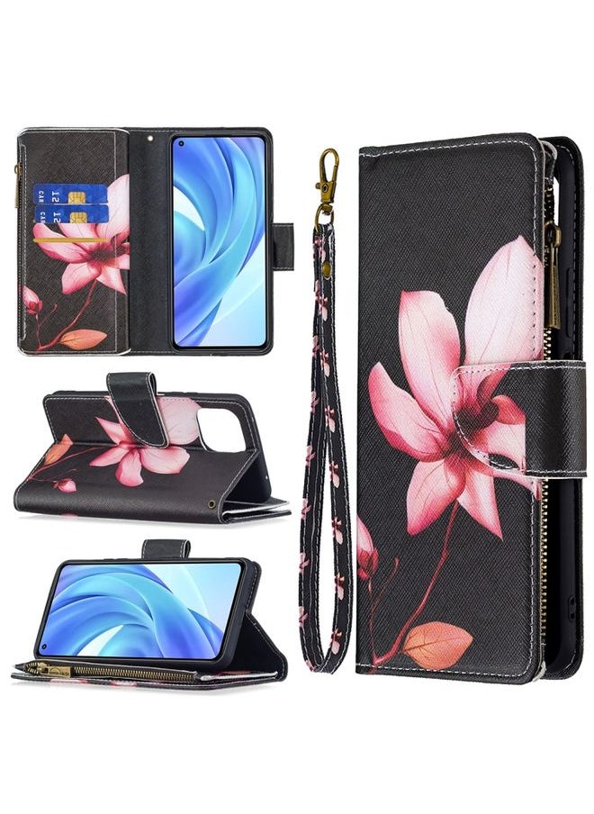 HuHa - Case Cover For Xiaomi Mi 11 Lite Colored Drawing Pattern Zipper Horizontal Flip Leather Case with Holder & Card Slots & Wallet Lotus - Image 1