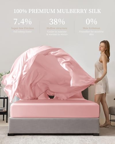 THXSILK 100% Mulberry Silk Sheet Set, 7A+ Silk Sheet Set Soft Breathable, Luxury Bedding (1 Flat Sheet, 1 Fitted Sheet, 2 Pillow Shams) Queen, Charming Pink - Image 3