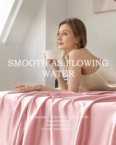 THXSILK 100% Mulberry Silk Sheet Set, 7A+ Silk Sheet Set Soft Breathable, Luxury Bedding (1 Flat Sheet, 1 Fitted Sheet, 2 Pillow Shams) Queen, Charming Pink - Image 5