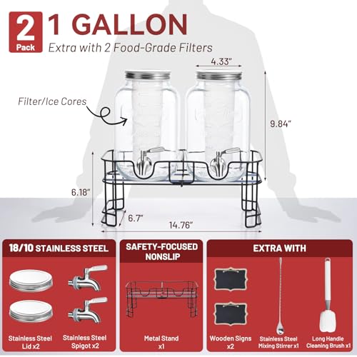 KIKCOIN 1 Gallon Glass Drink Dispensers for Parties, 2 Pack Leakproof Beverage Dispenser with Stand & 18/10 Stainless Steel Spigot & Filter -for Lemonade, Juice, Sun Tea, Punch- ALL DISHWASHER SAFE - Image 4
