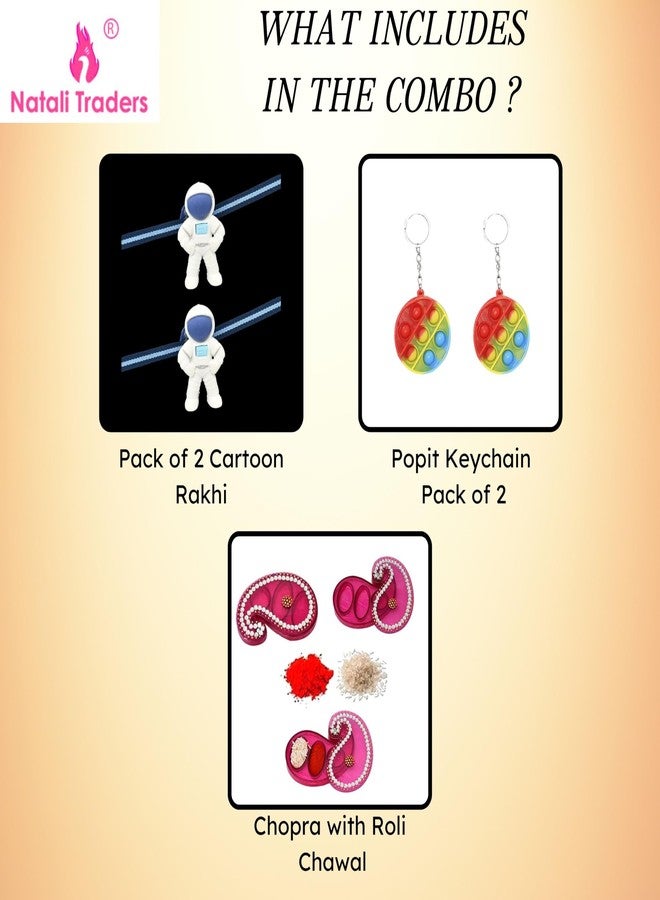 Natali Traders Rakhi for Kids with Popet Pop Toys Gift - Pack of 2 Cartoon Character Rakhi and 2 Pop It Keychain for Beloved Kids - Image 2