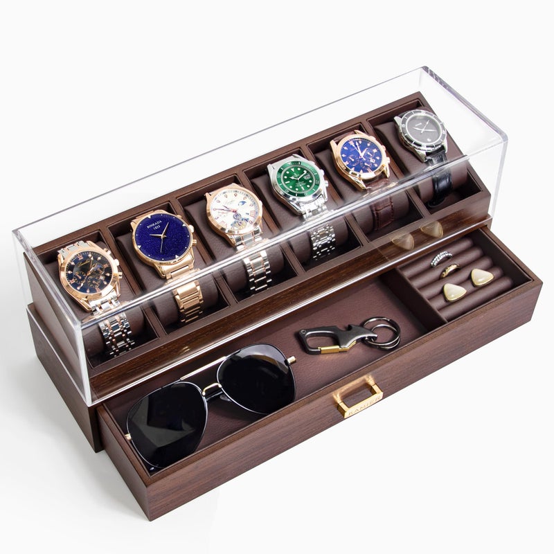 KAMIER Watch Box Case Organizer Display for Men,Two-Tier Wooden Watch Box Organizer For Men with Watch Holder and Drawer,Walnut - Image 1