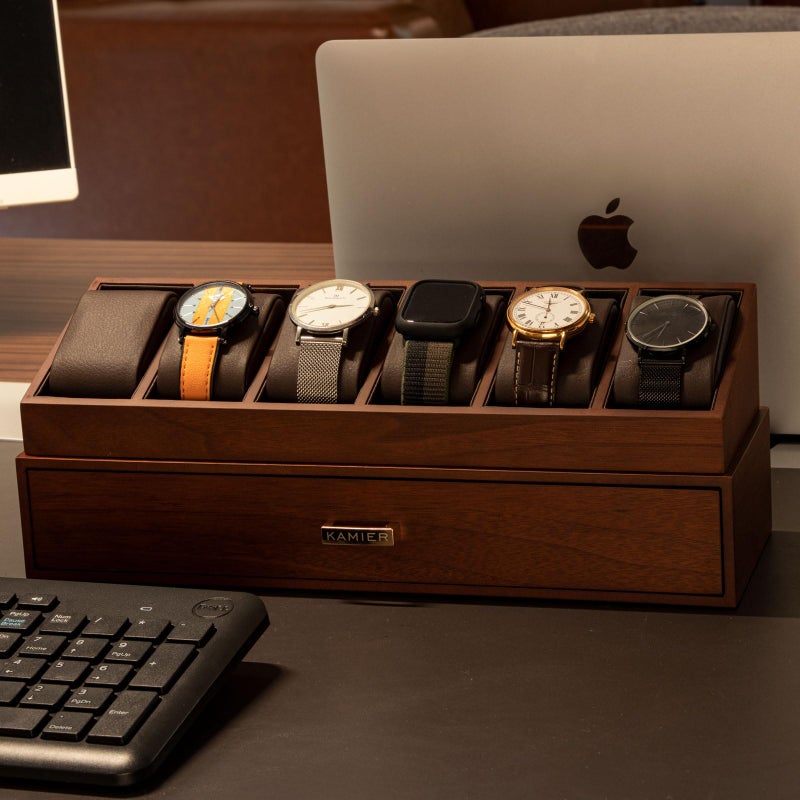 KAMIER Watch Box Case Organizer Display for Men,Two-Tier Wooden Watch Box Organizer For Men with Watch Holder and Drawer,Walnut - Image 2