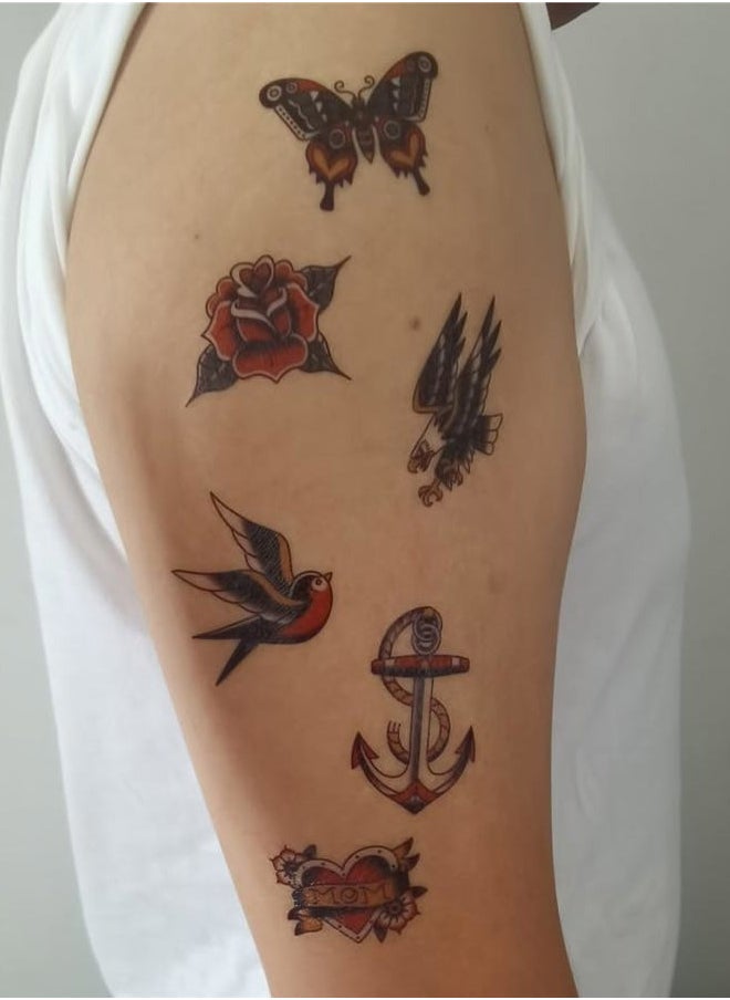 SanerLian - Anchor Skull Swallow Temporary Tattoo Sticker Waterproof Adult Men Women Hand Arm Shoulder Body Art 15X11cm Set of 4 (SF165) - Image 1