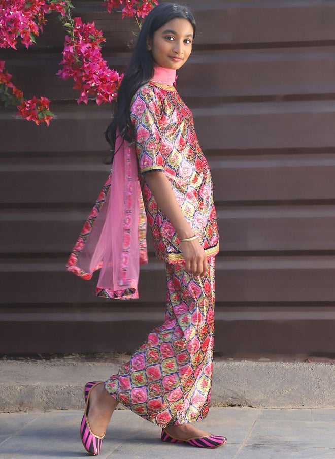 AKS Floral Printed Velvet Kurti Set for Girls - Image 4