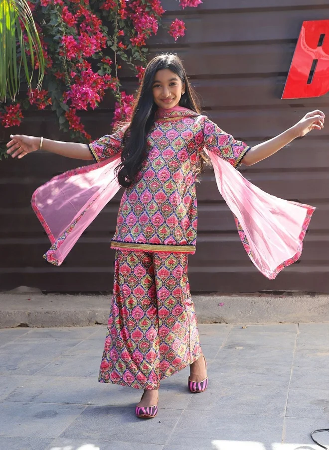 AKS Floral Printed Velvet Kurti Set for Girls