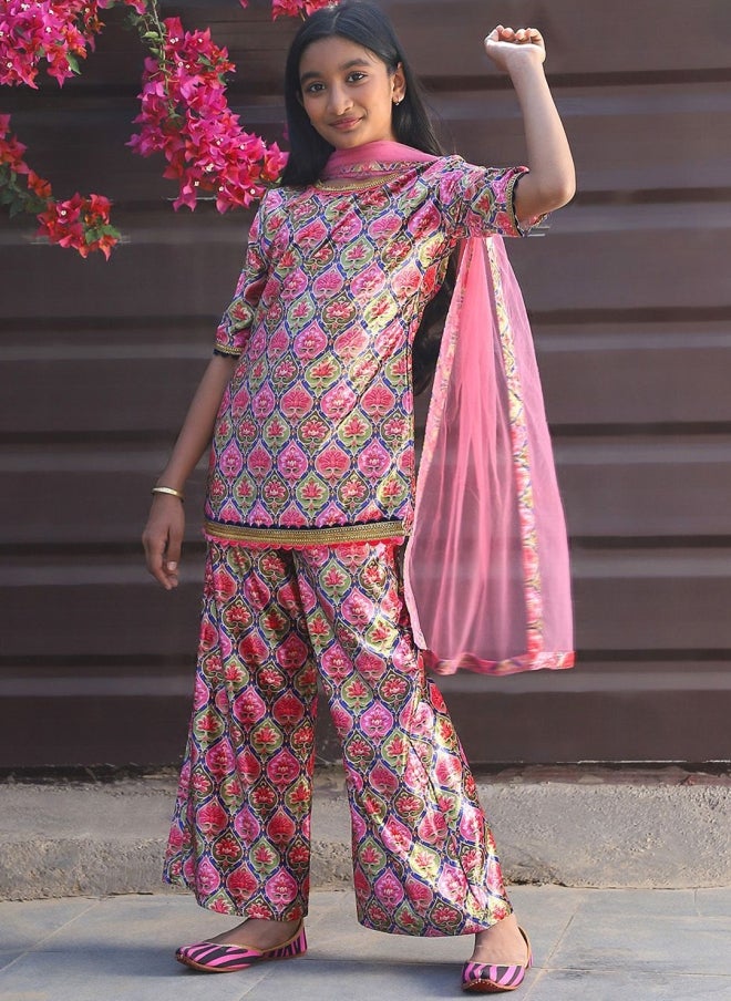 AKS Floral Printed Velvet Kurti Set for Girls - Image 1