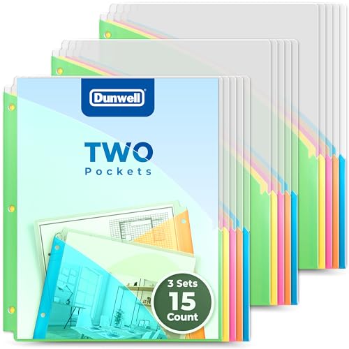 Dunwell Plastic Binder Pocket 3 Hole Punched 3 Sets 15 Count Slash File Jackets for 85x11 Paper Project Sleeves for 3 Ring Binder No Tab 5 Color Dividers with Front Back Pockets - Image 1