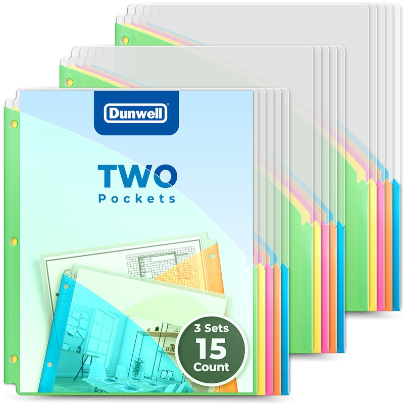 Dunwell Plastic Binder Pocket 3 Hole Punched 3 Sets 15 Count Slash File Jackets for 85x11 Paper Project Sleeves for 3 Ring Binder No Tab 5 Color Dividers with Front Back Pockets - Image 2