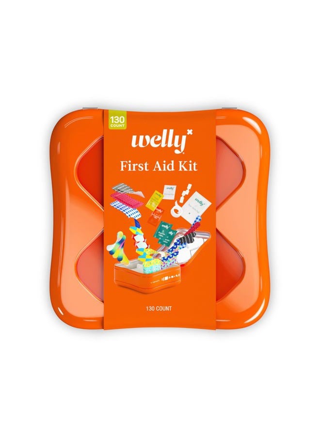 Welly طقم الإسعافات الأولية - لاصقات مرنة وقابلة للماء، شريط ولصقات غير لاصقة، شرائط فراشة، مراهم للاستخدام الفردي مضاد حيوي ثلاثي وهيدروكورتيزون، وإيبوبروفين - 130 قطعة - Image 1