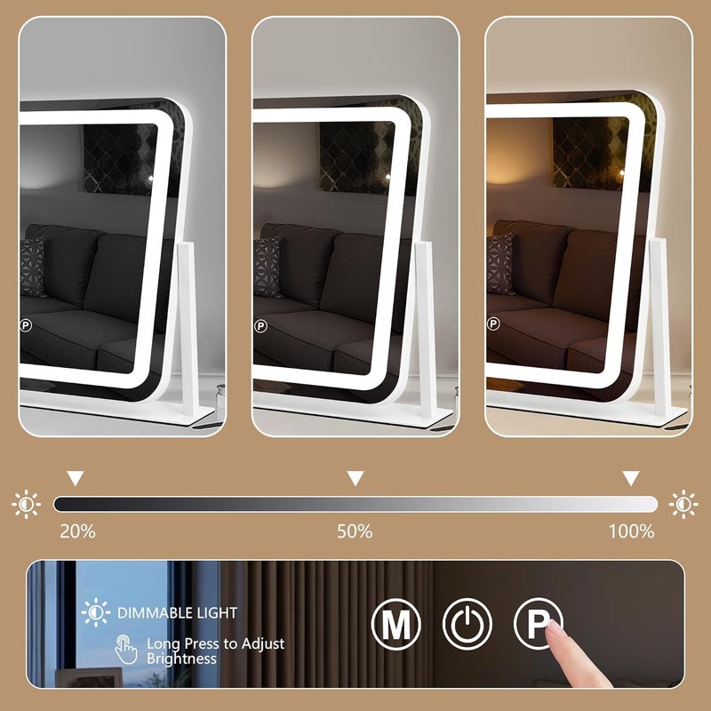 Ratsamee مرآة زينة بيضاء 20x16 بوصة مع أضواء، مرآة مكياج LED، مرآة مكياج مضيئة بأضواء قابلة للتعتيم بثلاثة ألوان، تحكم ذكي بشاشة اللمس، إطار من الألومنيوم المعدني، منفذ شحن USB - Image 5