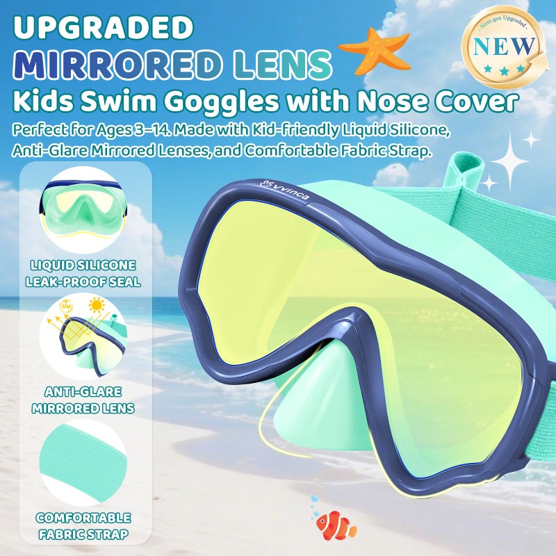 Vvinca Kids Swim Goggles with Nose Cover, Anti-Fog/UV Swimming Mask for Boys Girls 3-15, No Hair Pulling Fabric Strap, Wide View Waterproof Children Pool Goggles for Snorkeling, Diving & Lessons - Image 2