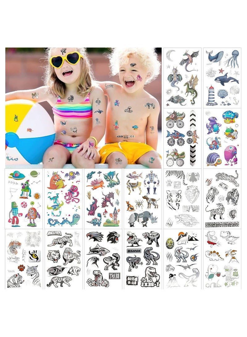 ORAINBOW 16sheets Metallic Dinosaur Tattoos Temporary for Kids Temporary Tattoos for Kids Dinosaur Robot Ocean Tiger Dragon Whale Shark Temporary Tattoo Kids Party Favors Gift - Image 1