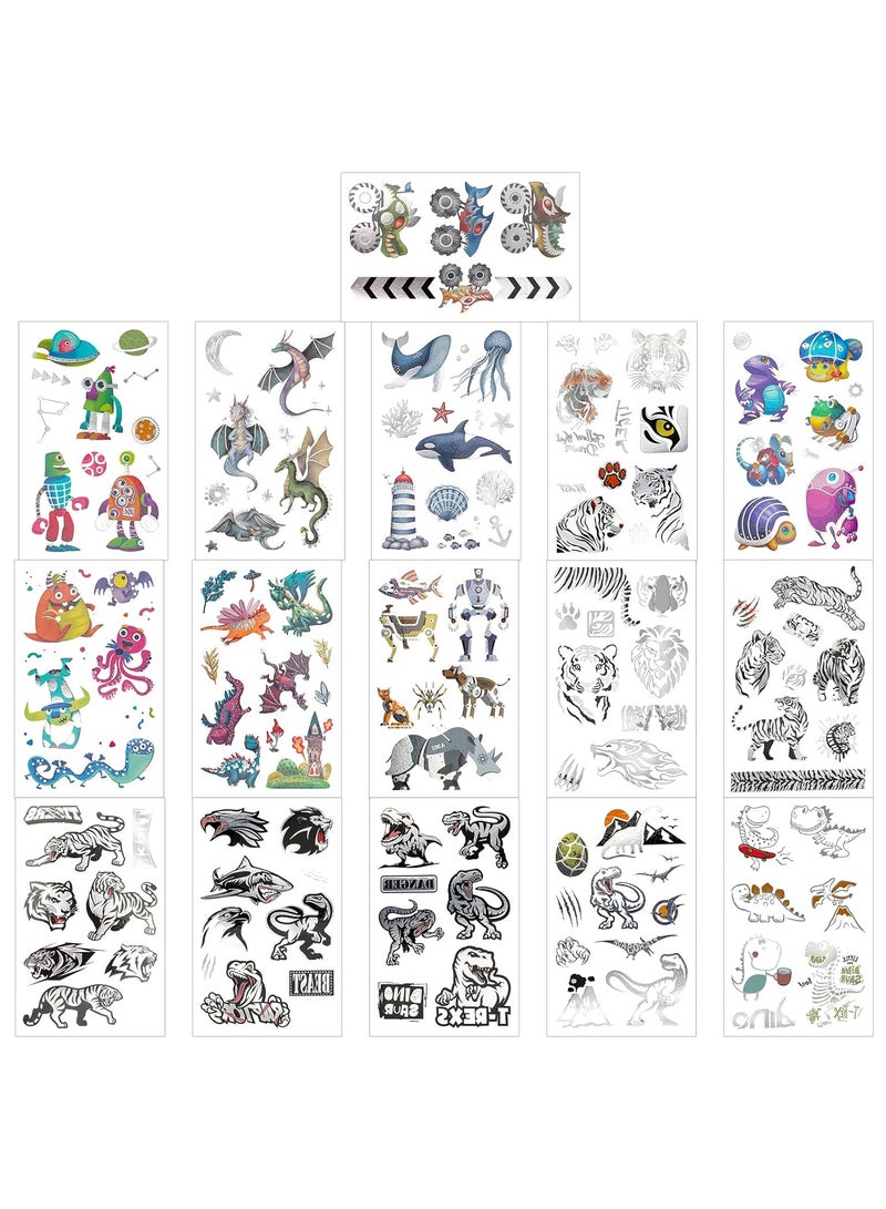 ORAINBOW 16sheets Metallic Dinosaur Tattoos Temporary for Kids Temporary Tattoos for Kids Dinosaur Robot Ocean Tiger Dragon Whale Shark Temporary Tattoo Kids Party Favors Gift - Image 3