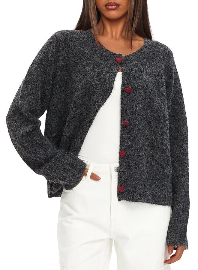 Darong Womens Cropped Cardigan Sweaters Long Sleeve Knit Y2k Button Down Fall Outfits Fashion Clothing 2025, Black Grey, XL - Image 5