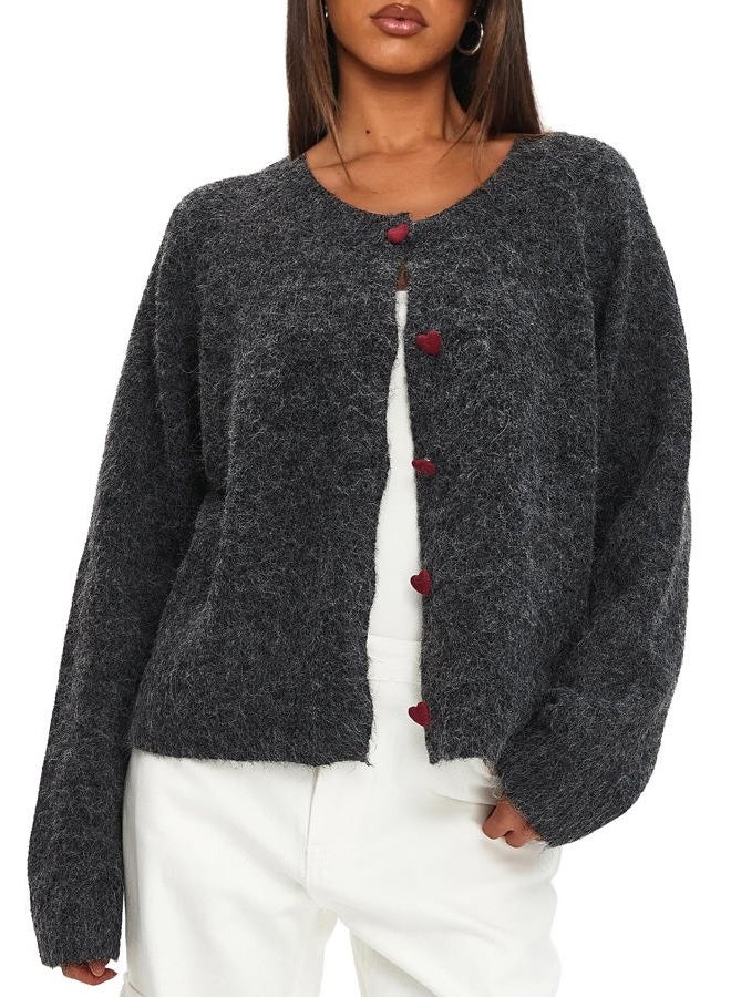 Darong Womens Cropped Cardigan Sweaters Long Sleeve Knit Y2k Button Down Fall Outfits Fashion Clothing 2025, Black Grey, XL - Image 1