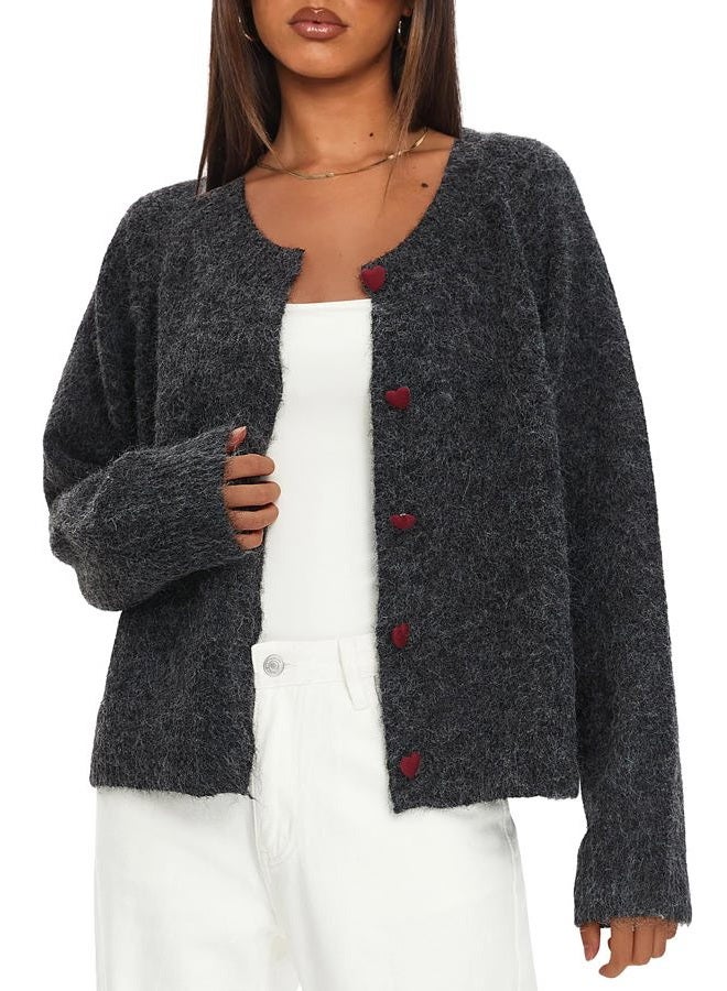 Darong Womens Cropped Cardigan Sweaters Long Sleeve Knit Y2k Button Down Fall Outfits Fashion Clothing 2025, Black Grey, XL - Image 3