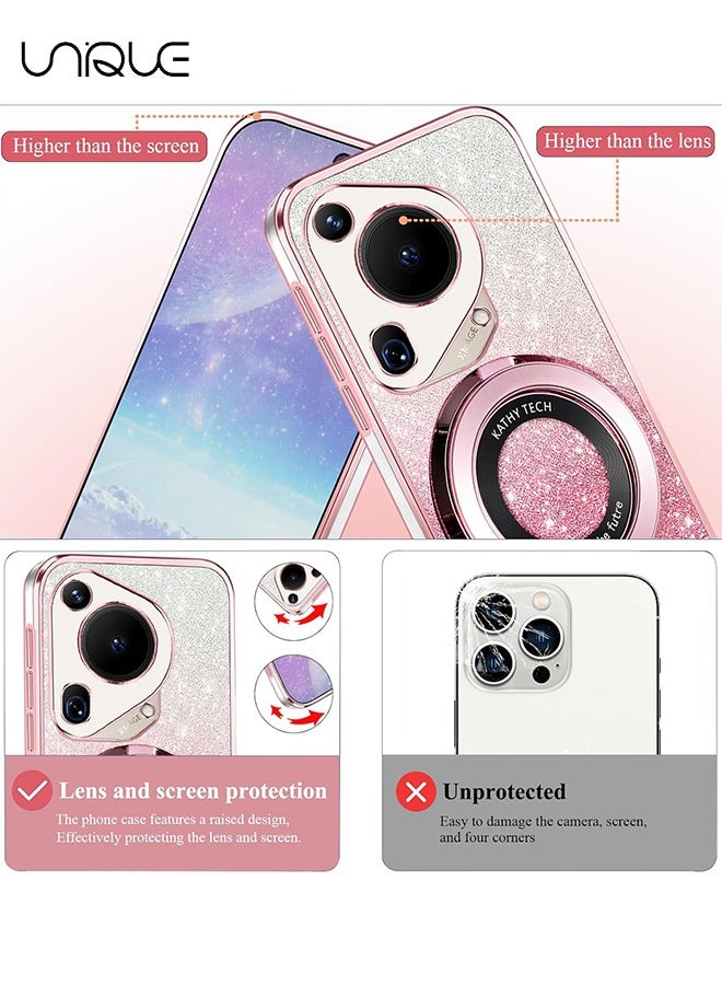 يونيك جراب هاتف هواوي هواوي بورا 70 الترا - [متوافق مع MagSafe] غطاء مغناطيسي شفاف للنساء للرجال غطاء بلينج لطيف - جراب هاتف هواوي بورا 70 الترا سيليكون سليم مع حلقة حامل (وردي) - Image 2