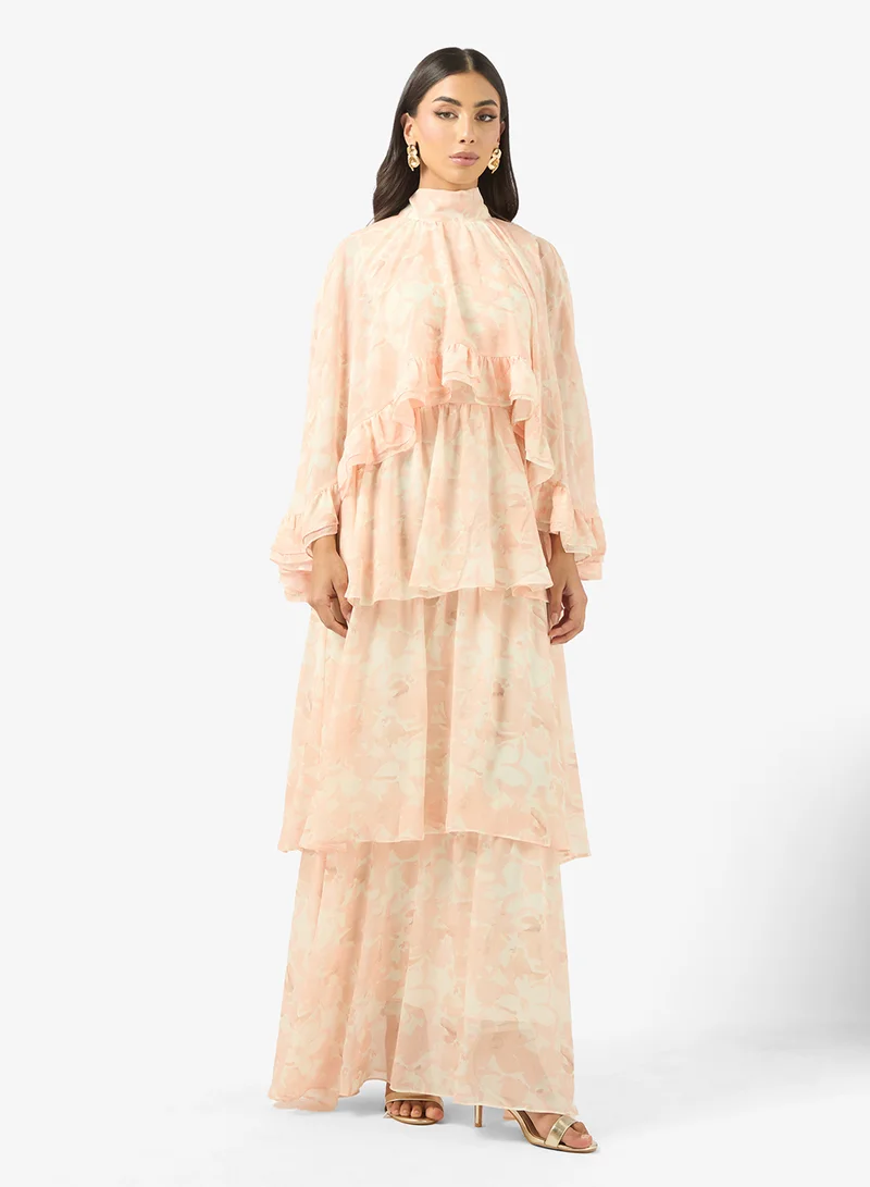 Crew Neck Drawstring Detailed  Ruffle Maxi Dress