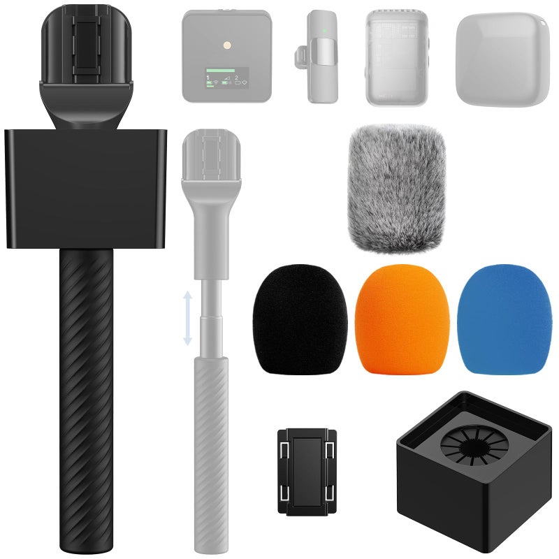 TONOR Wireless Mic Handle Compatible with DJI, RODE, Hollyland, Adjustable length Microphone Stand for ALL Lavalier Mic, Channel Flag Box, Rubber Grip, Wind Muff for Vlog, Reports, Interview, TP40 - Image 1