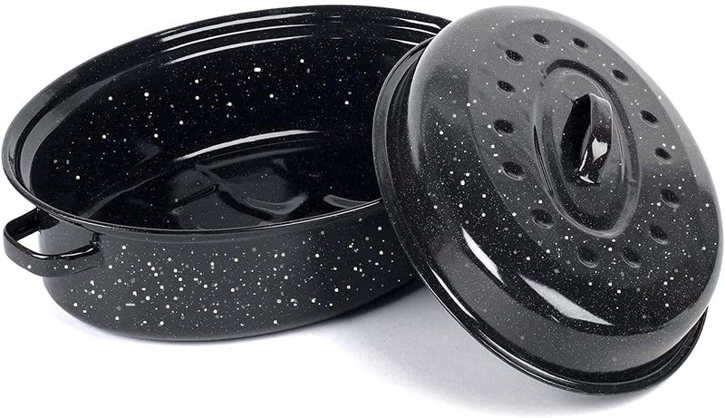 VANKUTL 14.6 Inch Roasting Pan with Lid - Covered Oval Roaster - Enamel Carbon Steel Roaster Pot - Excellent Heat Distribution and Non-sticky - for Turkey Chicken Meat & Vegetables -Birthday and Holiday gift - Image 1