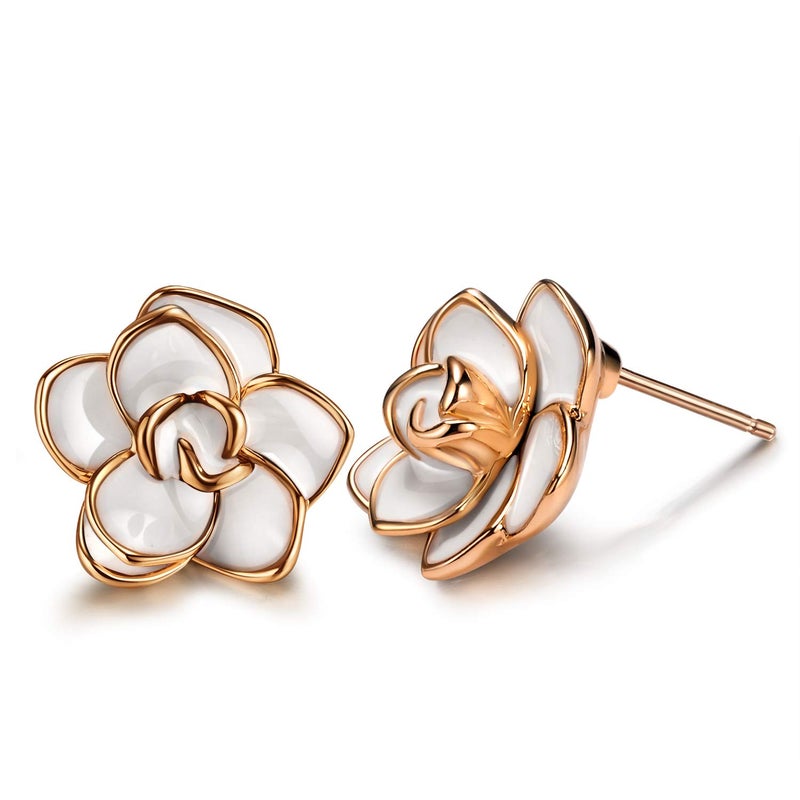 AllenCOCO Flower Stud Earrings Hypoallergenic for Women - 18K Gold Plated Rose Earrings for Sensitive Ears, Nickel Free (Large White) - Image 1