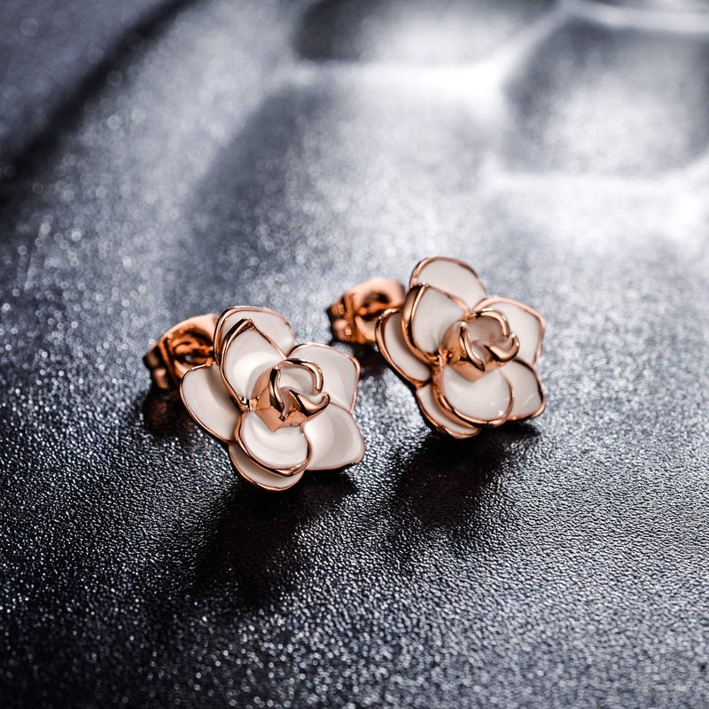 AllenCOCO Flower Stud Earrings Hypoallergenic for Women - 18K Gold Plated Rose Earrings for Sensitive Ears, Nickel Free (Large White) - Image 3