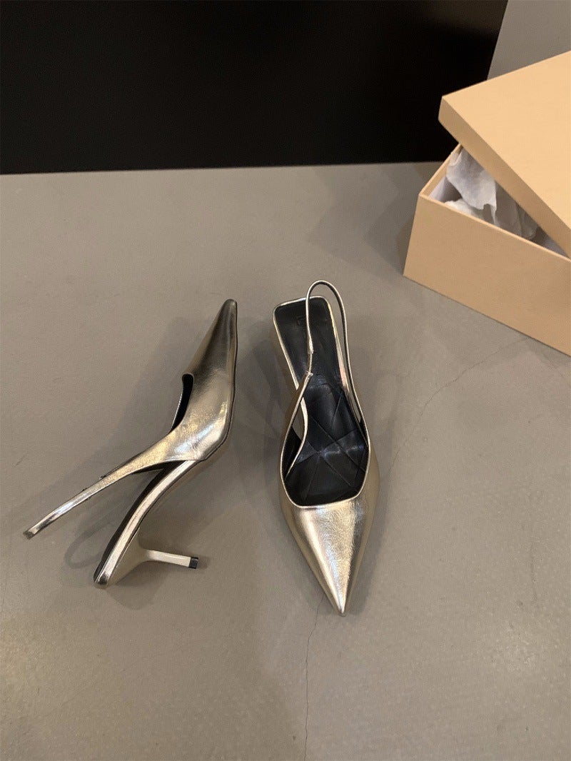 Silver Pointed Toe Heeled Sandals 2024 Spring Summer Gold