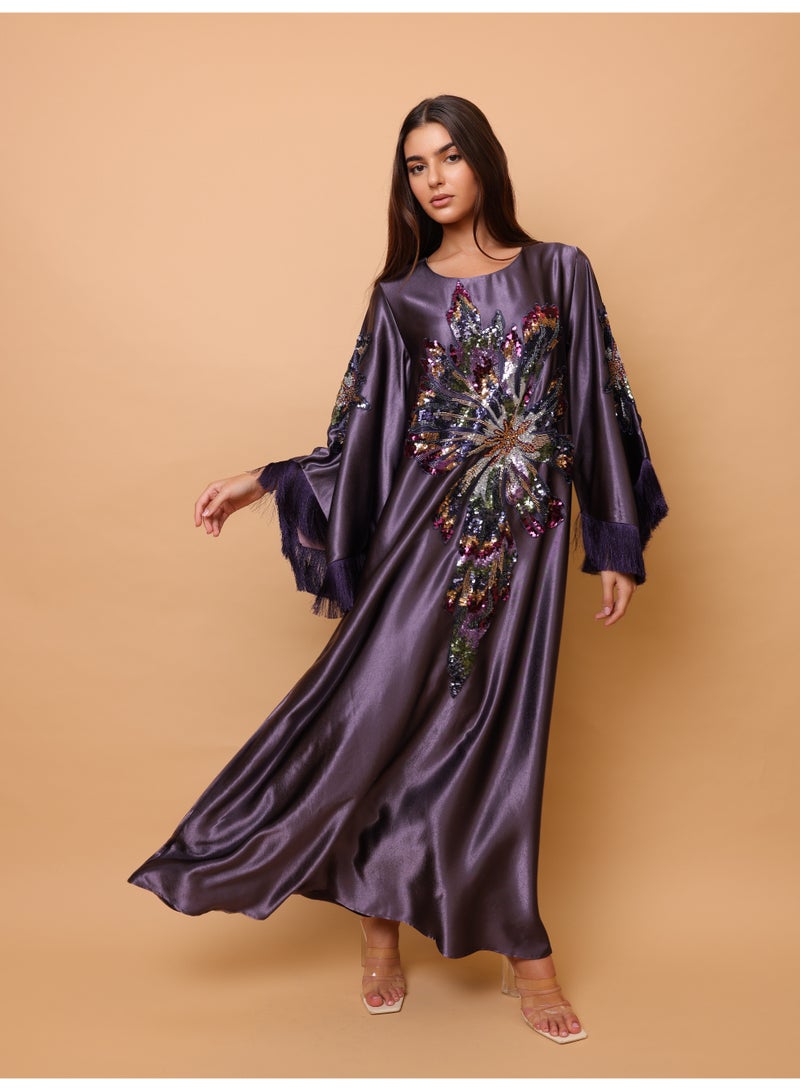 IKKXA Elegant Shimmer Fabric Big Flower Colorful Design Modern Sleeves IK1049 Violet - Image 1