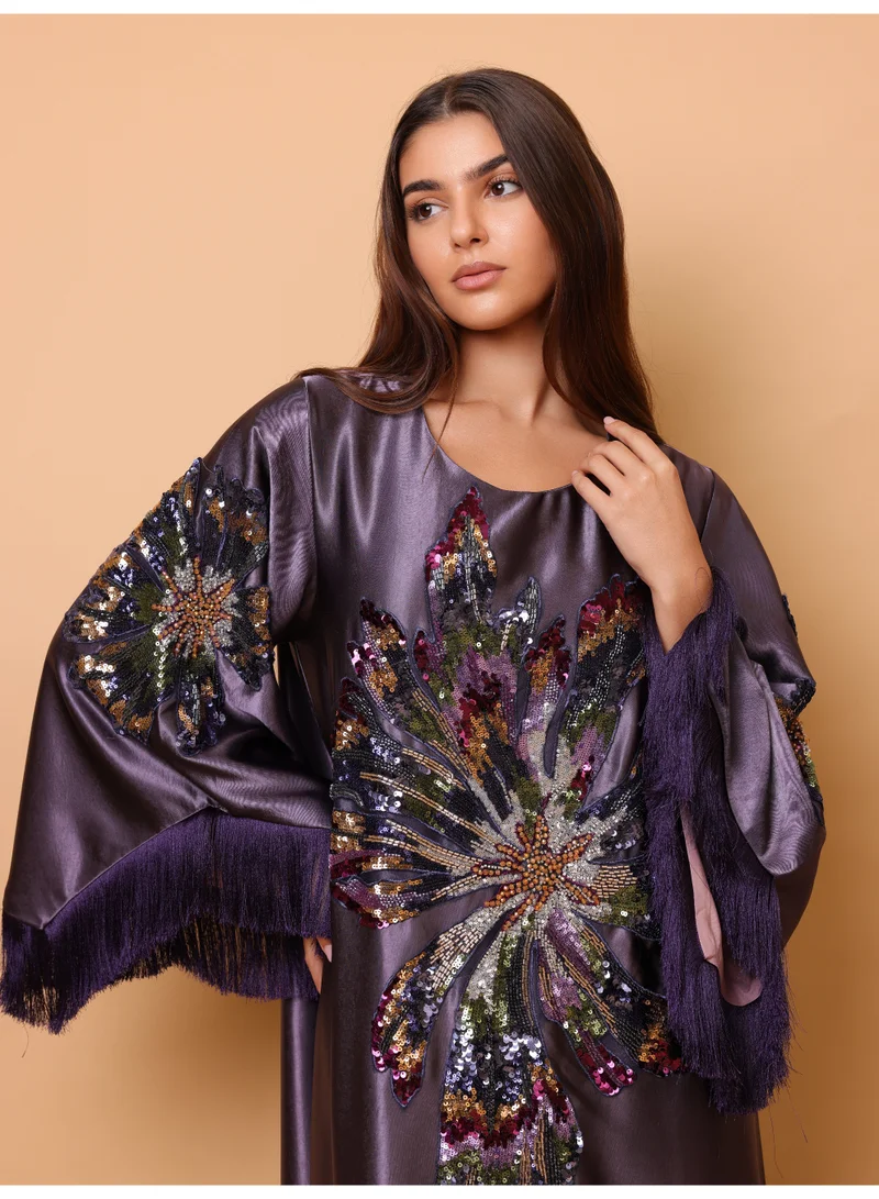 IKKXA Elegant Shimmer Fabric Big Flower Colorful Design Modern Sleeves IK1049 Violet