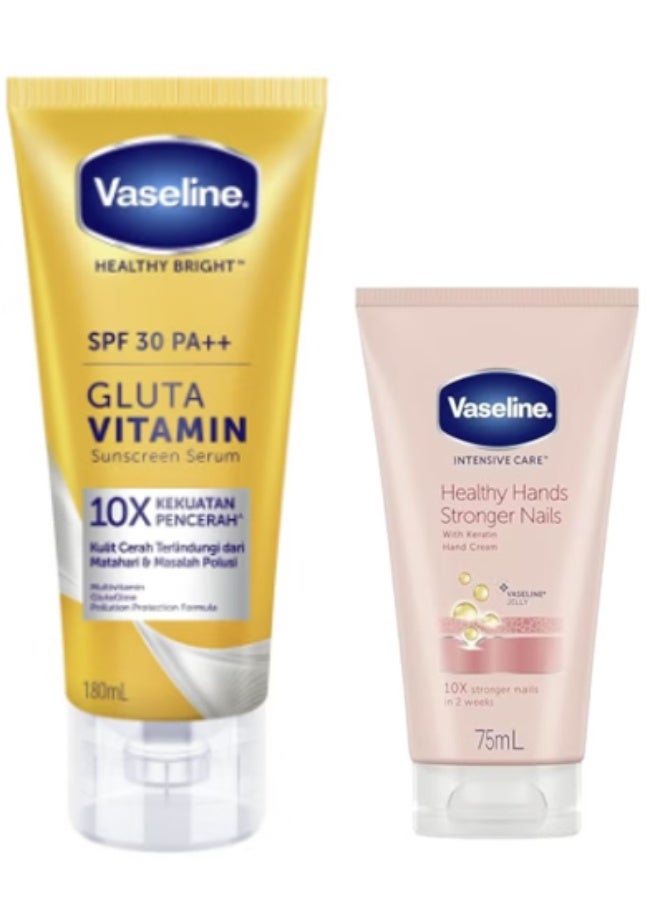 Vaseline Healthy Bright Hand Body Lotion SPF 30 Serum 180ml + Intensive Care Keratin Nail And Hand Cream Clear 75ml - Image 1