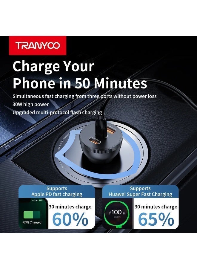 ترانيوو شاحن سيارة بقوة 78 واط بثلاثة منافذ – منفذا Type-C ومنفذ USB، شحن سريع، هيكل من الألمنيوم، متوافق مع آبل وأندرويد - Image 3